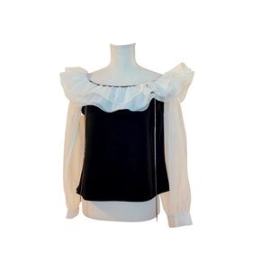 ITEM # A268  Nancy  Glam Chic  Romantic   Black & White  Ruffle Top  NWOT M